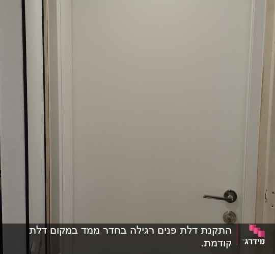 דלת לבנה עם ידית מתכת בחדר מואר